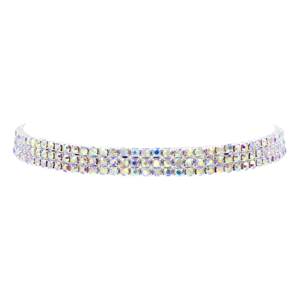 #13332ABS - 3 Row Stretch Rhinestone Necklace - (Iridescent Stones) AB Silver