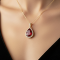 14K Solid Gold Ruby Halo Style Pear Diamond Necklace