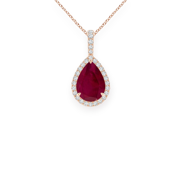 14K Solid Gold Ruby Halo Style Pear Diamond Necklace