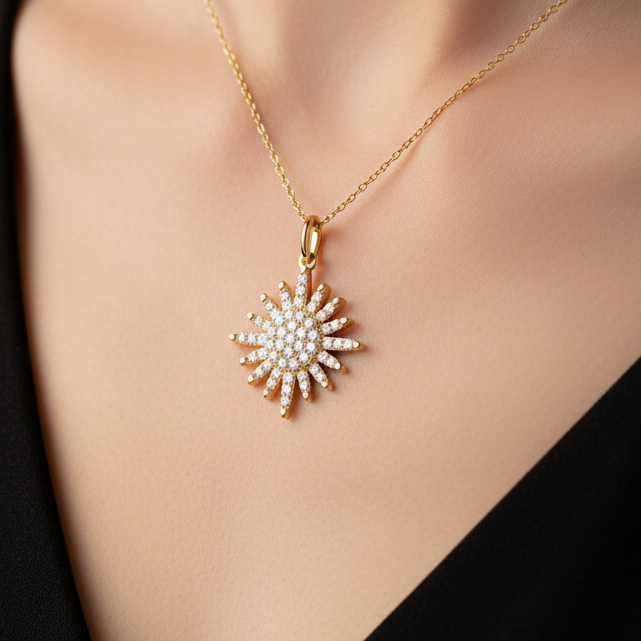 14K Solid Gold The Glory of Sun Diamond Necklace