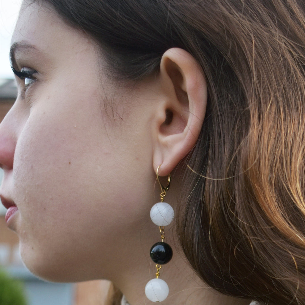 White Agate and Black Onyx Yellow Gold Vermeil, 9k or 18k Gold Earrings, Bold and Beautiful Statement Jewelry, Gold Vermeil Earrings, Bloom Collection | by nlanlaVictory