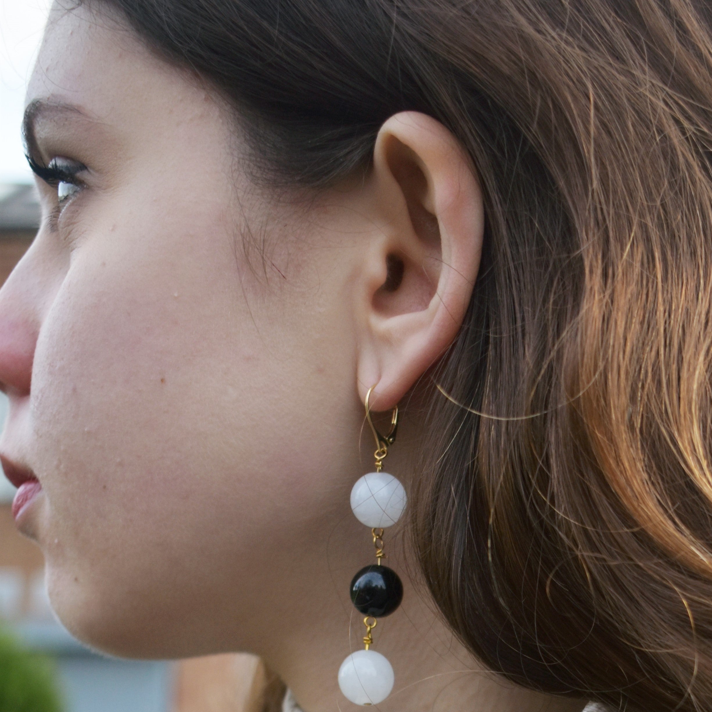 White Agate and Black Onyx Yellow Gold Vermeil, 9k or 18k Gold Earrings, Bold and Beautiful Statement Jewelry, Gold Vermeil Earrings, Bloom Collection | by nlanlaVictory