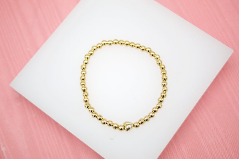 18K Gold Filled 4mm Gold Elastic Bead Bracelet With HEART Charm (I48)