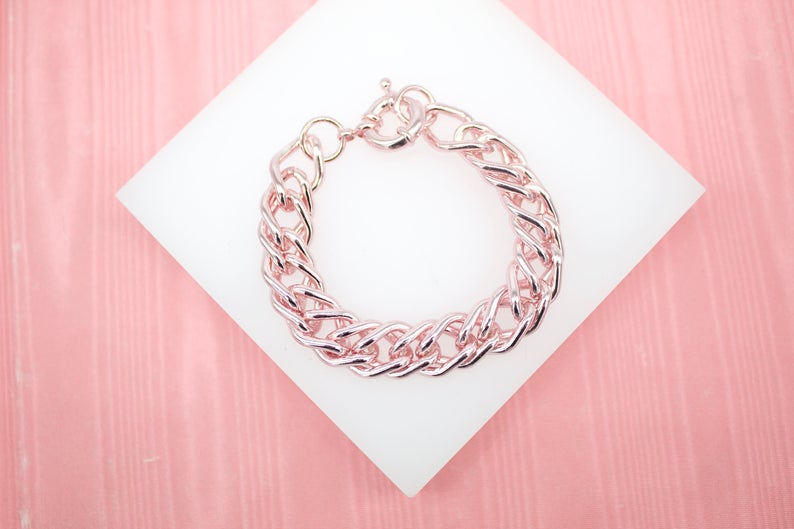 18K Gold Filled Rose Gold Chunky Thick Curb Cuban Double Link Chain Bracelet (XX8)