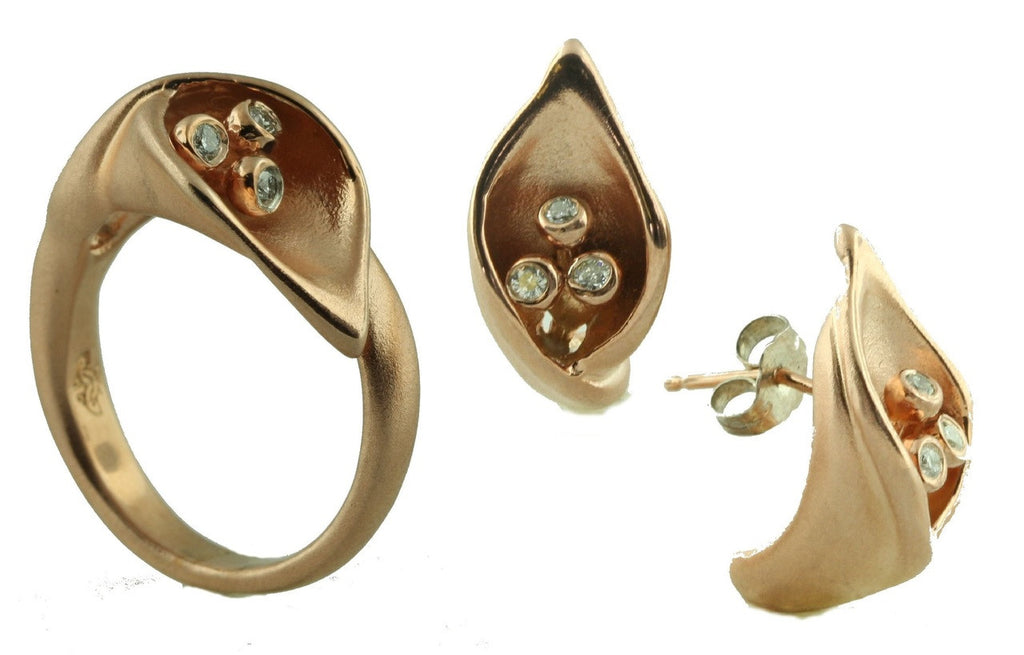 Calla Lily Earrings- 18K Gold with Diamond Centers.