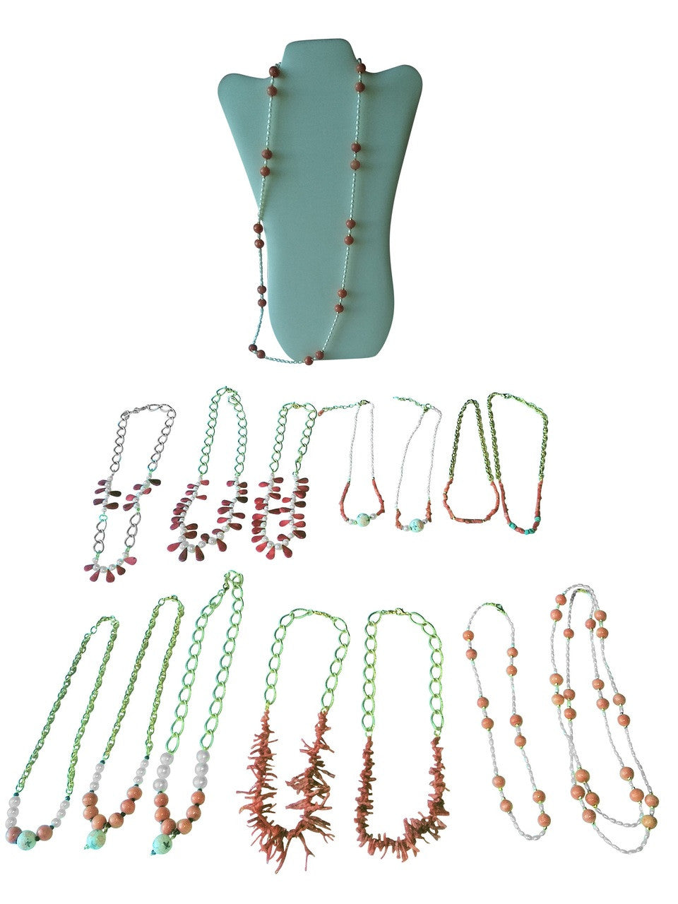 Coral Briolettes and Chinese Freshwater Pearls on Bold Gold Chain Necklace
