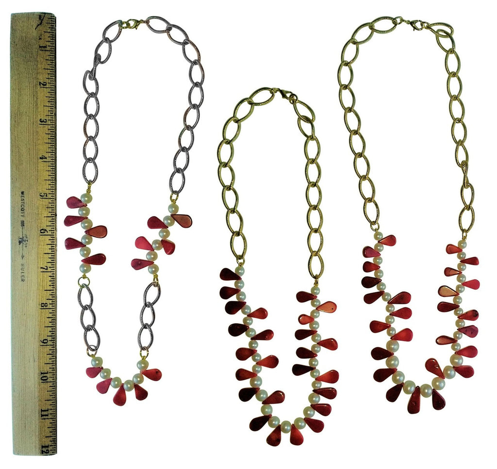 Coral Briolettes and Chinese Freshwater Pearls on Bold Gold Chain Necklace