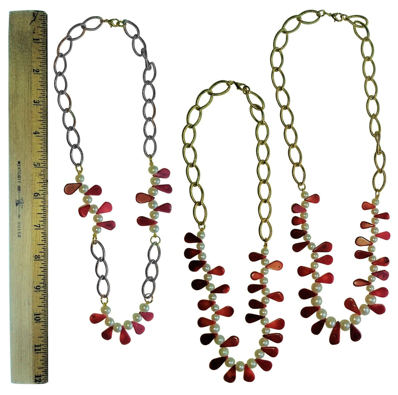 Coral Briolettes and Chinese Freshwater Pearls on Bold Gold Chain Necklace