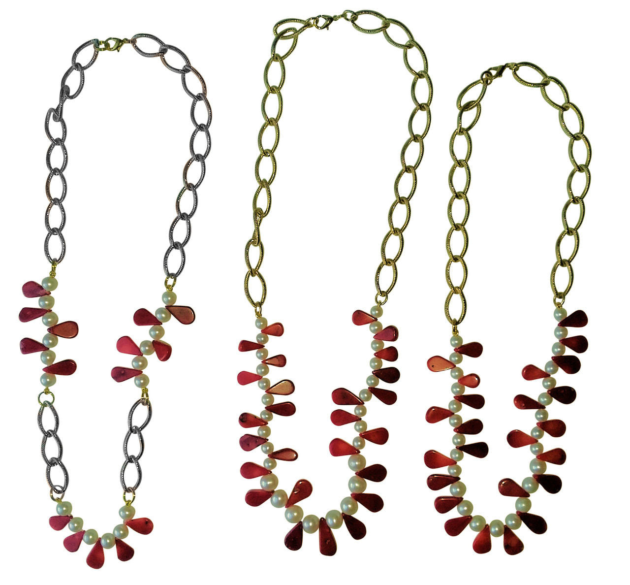 Coral Briolettes and Chinese Freshwater Pearls on Bold Gold Chain Necklace