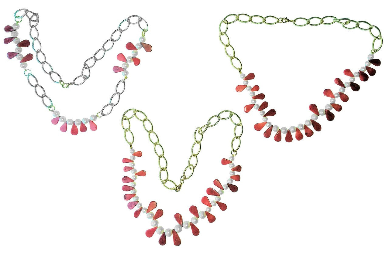 Coral Briolettes and Chinese Freshwater Pearls on Bold Gold Chain Necklace