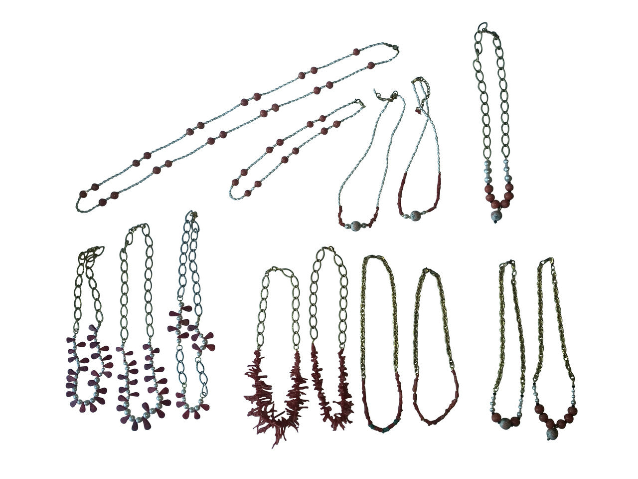 Coral Briolettes and Chinese Freshwater Pearls on Bold Gold Chain Necklace
