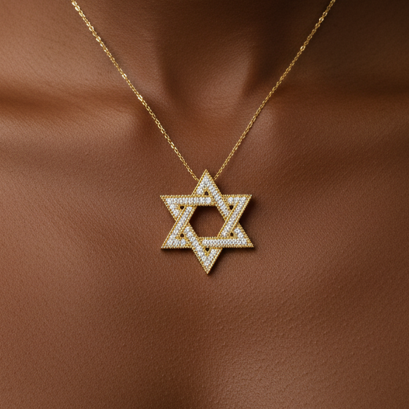 14K Solid Gold Star Of David Diamond Necklace