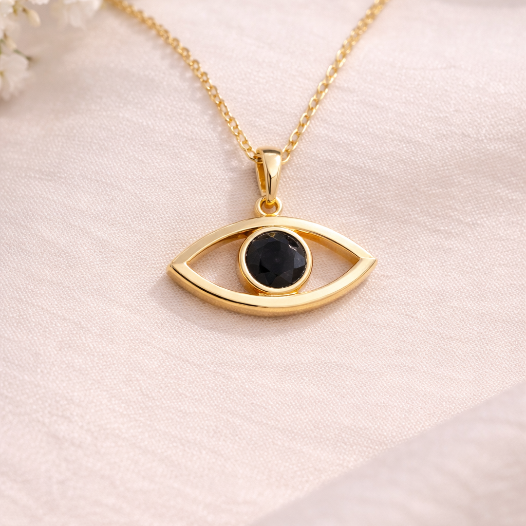 14K Solid Gold Solitaire Evil Eye Necklace