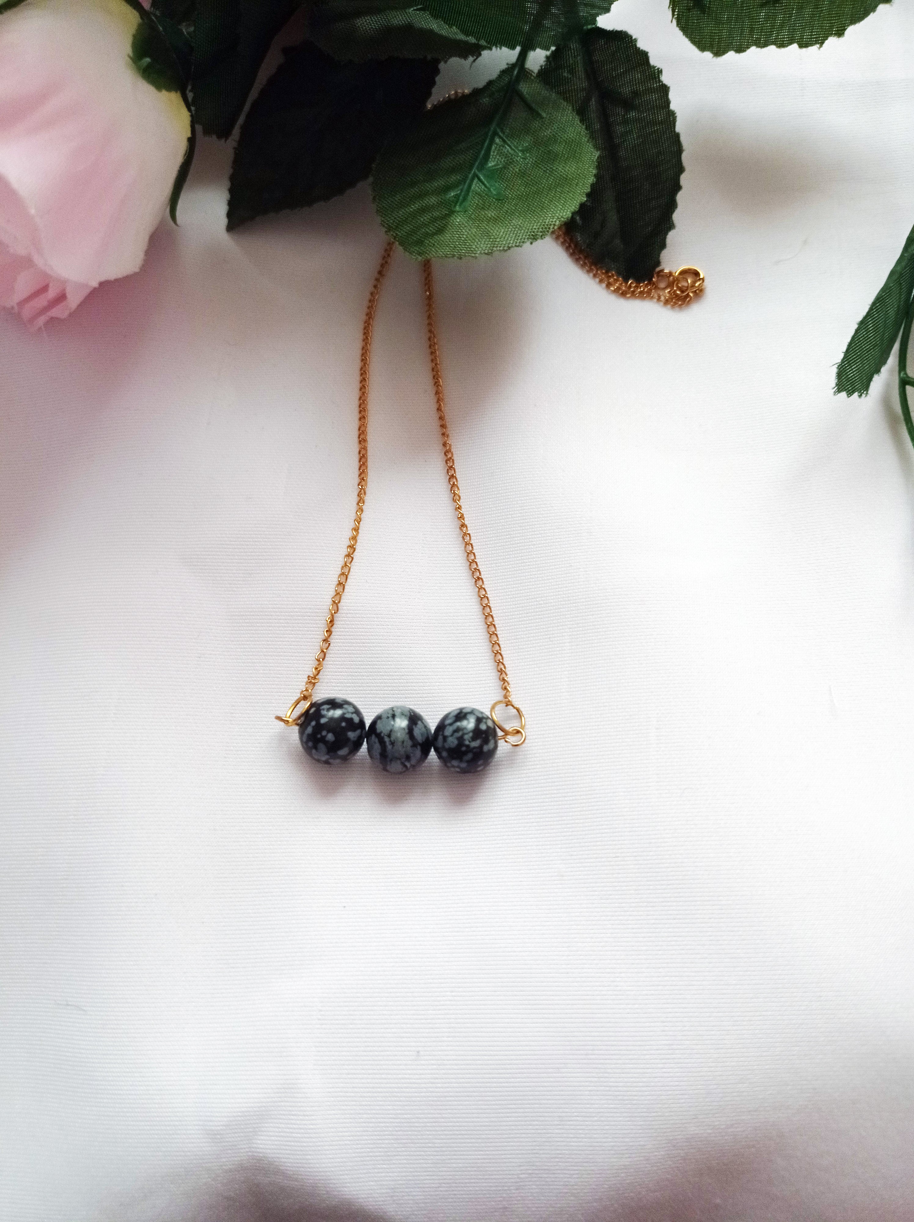 Snowflake Obsidian Yellow Gold Vermeil Necklace, Snowflake Obsidian Bar Necklace, Gemstone Bar Necklace, Pendant Necklace | by nlanlaVictory