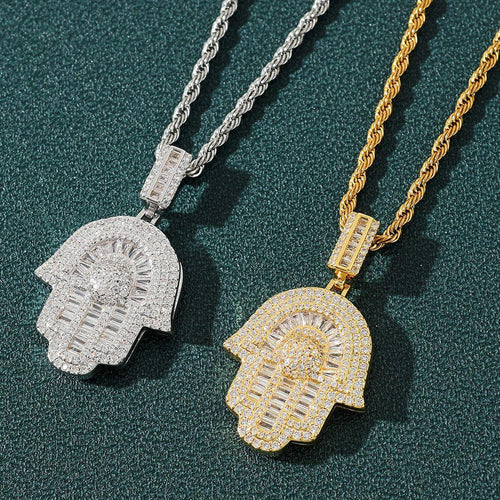 18K Gold Plated Hamsa Pendant Necklace with Moissanite Stones