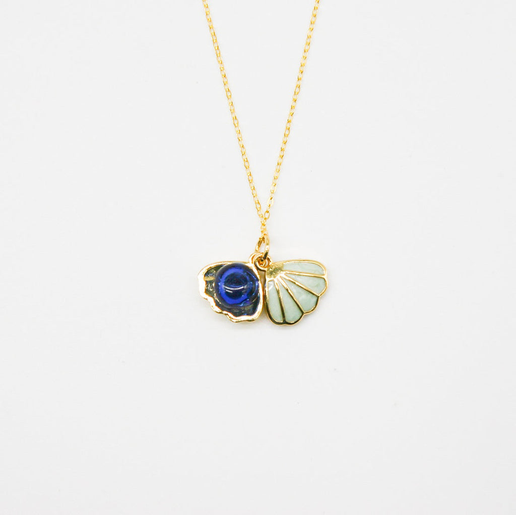 NNEDSZ Gift Box - Aroma Necklace 925 Silver, Gold coated - Green Shell Ocean Depth (Dark Blue) + Purify Oil Blend