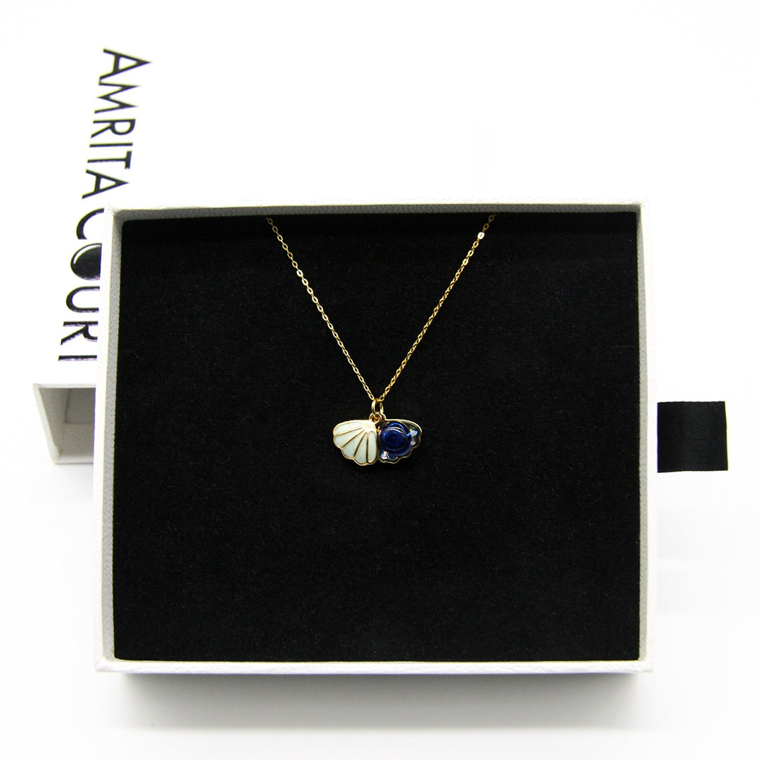 NNEDSZ Gift Box - Aroma Necklace 925 Silver, Gold coated - Green Shell Ocean Depth (Dark Blue) + Purify Oil Blend