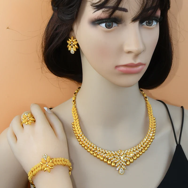 NNEOBA Gold Necklace Earrings Bracelet Ring Jewelry Set