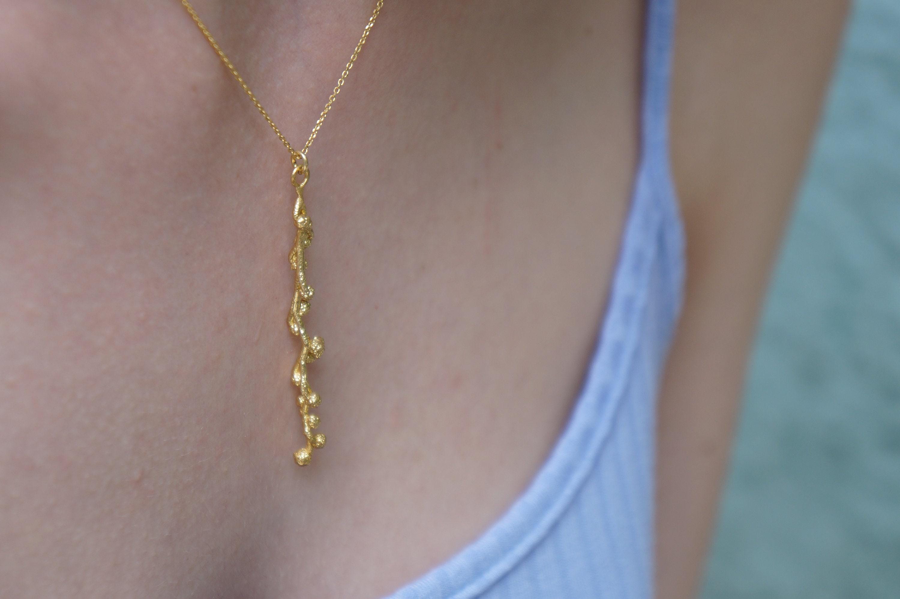Nature-Inspired Gold Necklace, Mimosa Branch Pendant (Dainty, Sustainable)