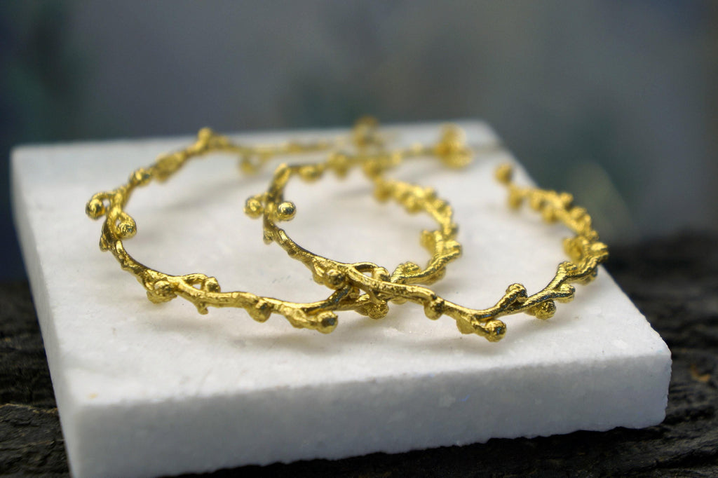 Vegan Gold Hoop Earrings, Acacia Leaf Detail (Gold-Plated Brass)