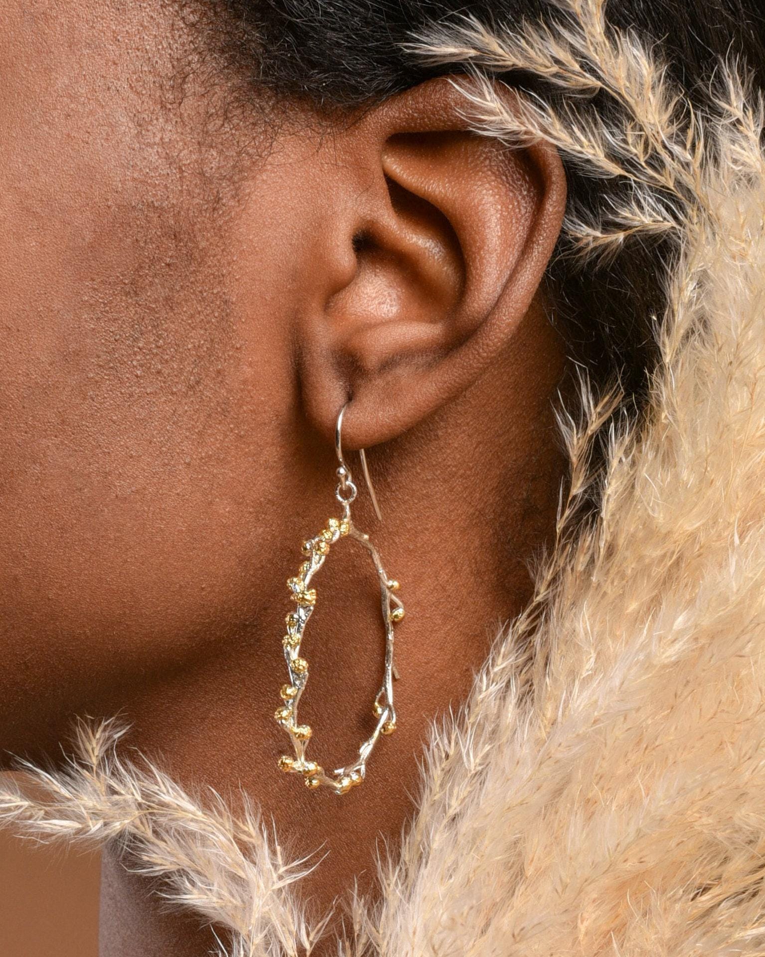 Vegan Gold Hoop Earrings, Acacia Leaf Detail (Gold-Plated Brass)