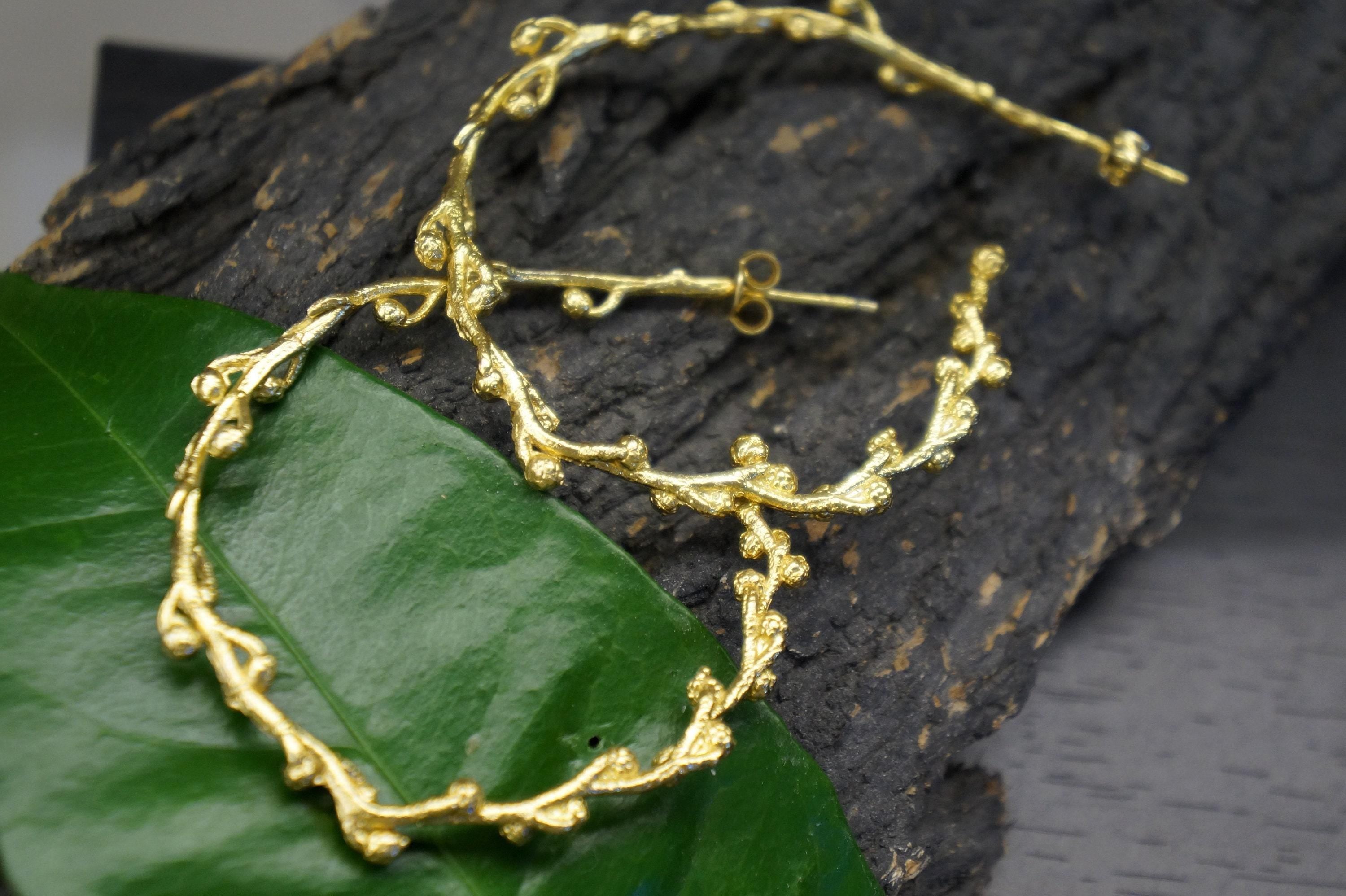 Vegan Gold Hoop Earrings, Acacia Leaf Detail (Gold-Plated Brass)