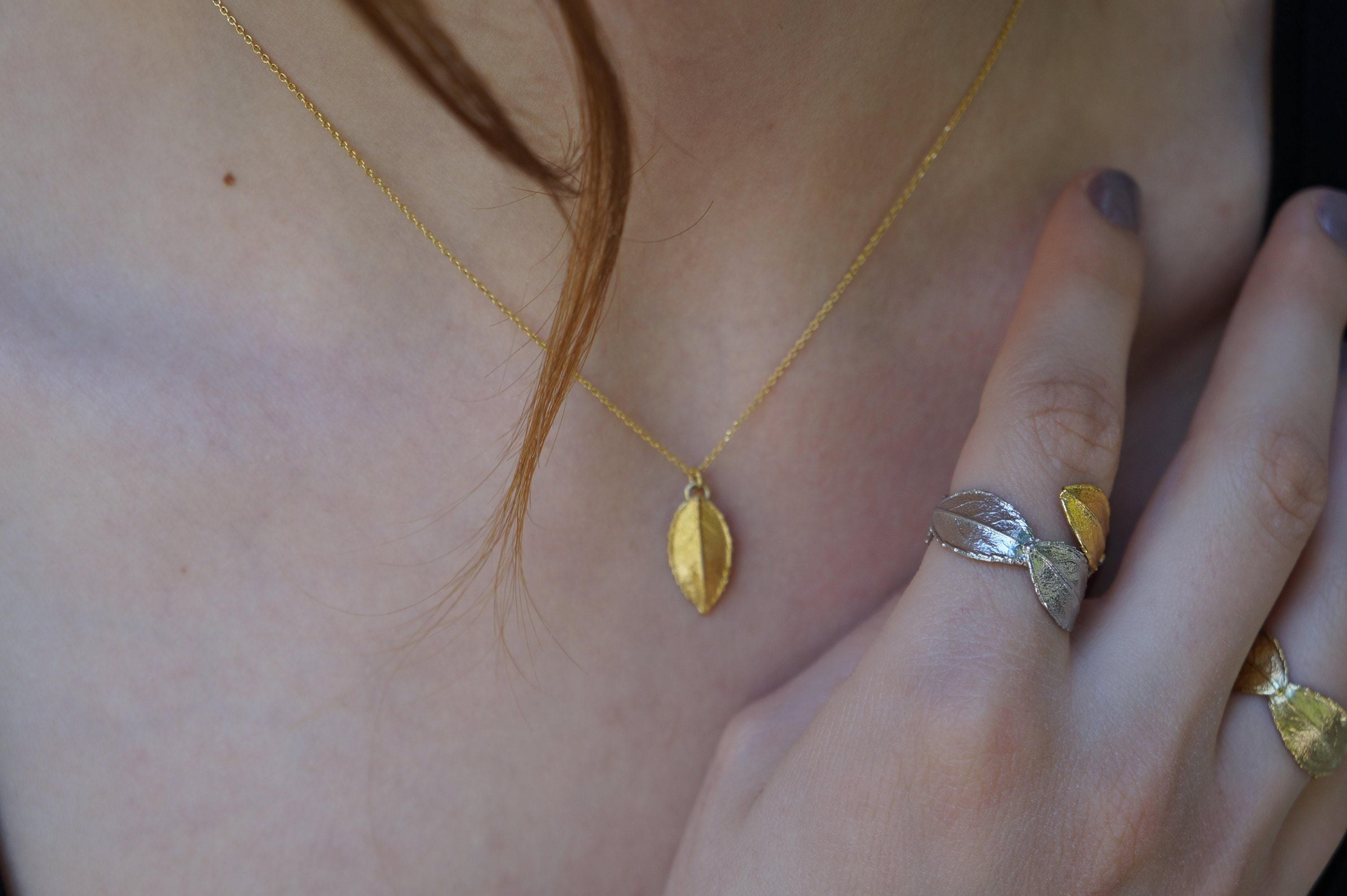 Rose Leaf Necklace: Delicate Nature Jewelry (Gold Plated Silver)