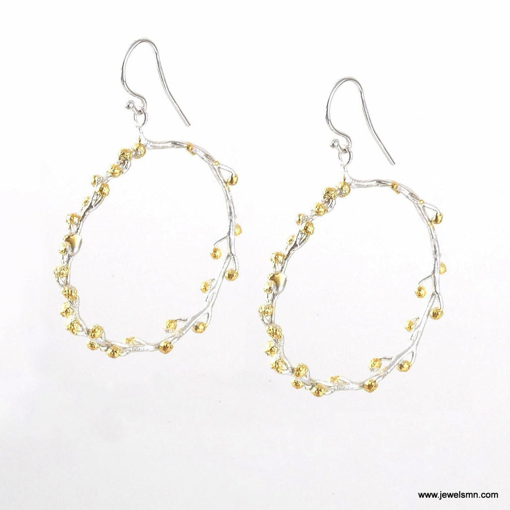 Vegan Gold Hoop Earrings, Acacia Leaf Detail (Gold-Plated Brass)