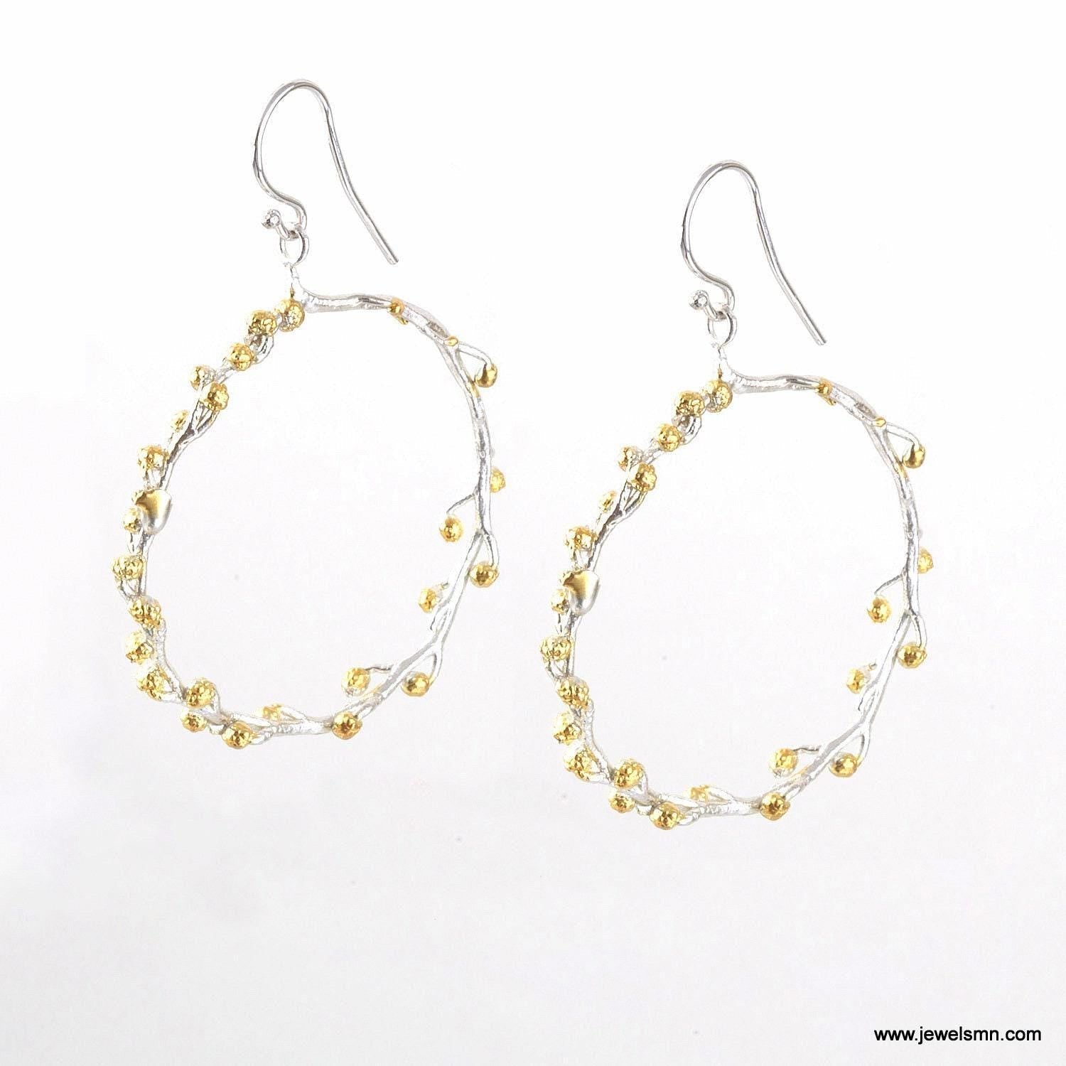 Vegan Gold Hoop Earrings, Acacia Leaf Detail (Gold-Plated Brass)