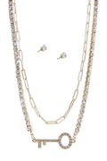 CRYSTAL KEY PENDANT AND CRYSTAL CHAIN DOUBLE LAYER NECKLACESET